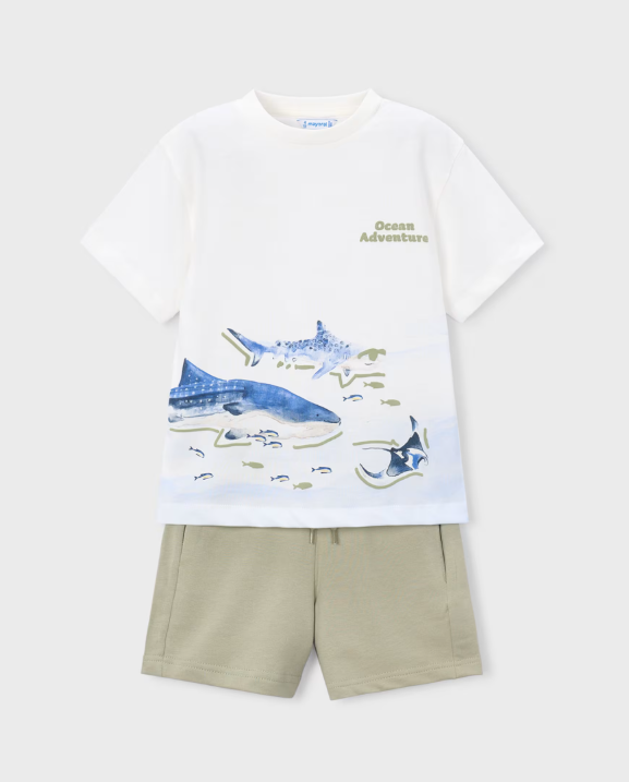 Mayoral Shark Print T-Shirt & Plain Shorts Set Style 3610-Bamboo
